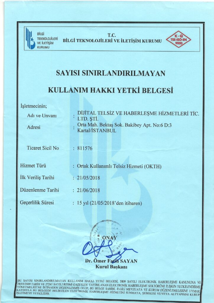OKTH yetki belgemiz Btk kurumu telsiz  frekans ruhsat ve altyapı yetkili işletmeci Dijital Telsiz ve Haberleşme Hiz 